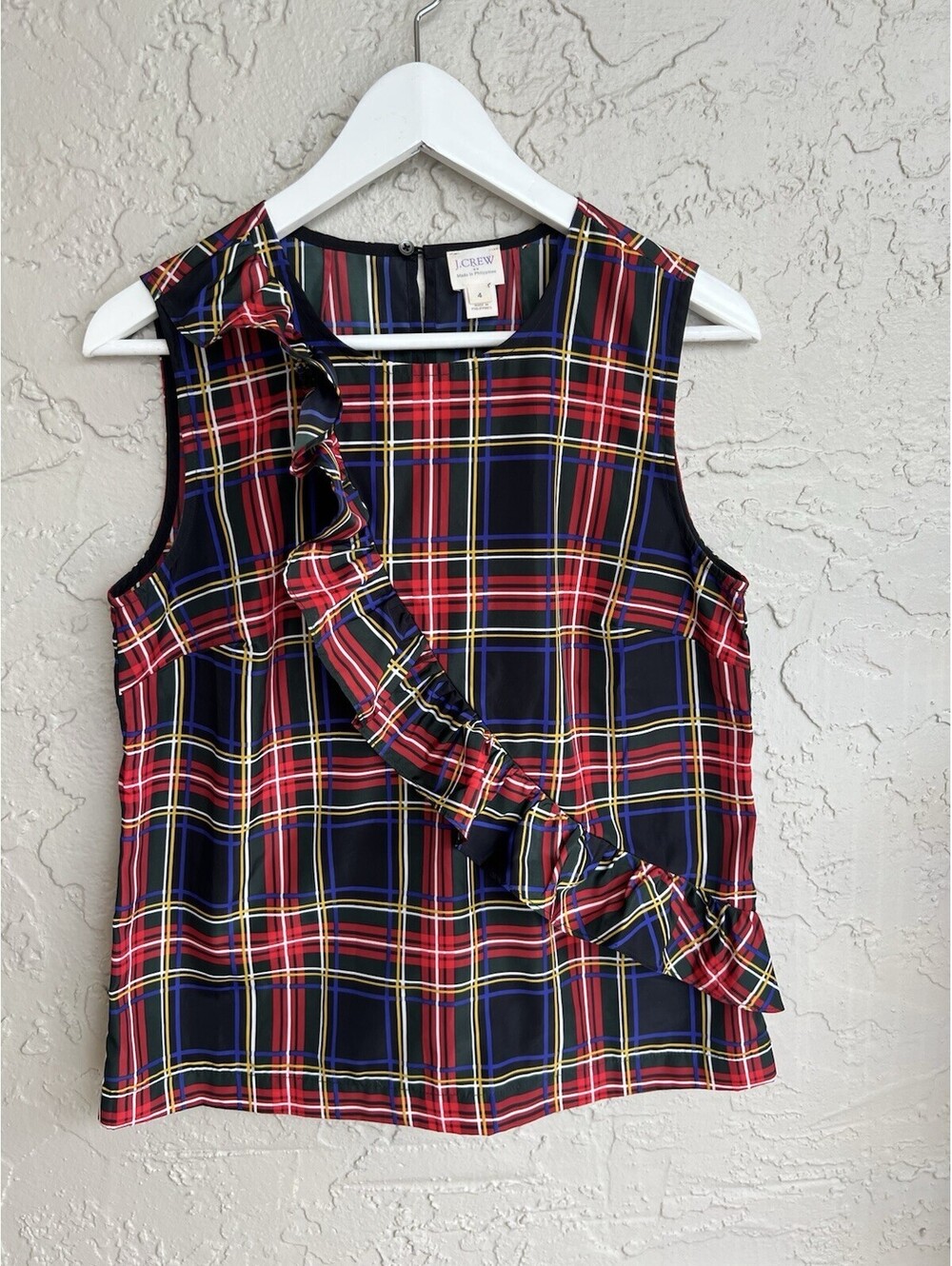 J Crew Plaid Tartan Sleeveless Blouse Ruffle Holiday Stewart Academia Top 4.